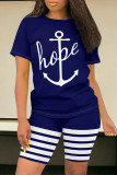 Dark Blue Casual Daily Skull Finger Letter Print Stripe O Neck Short Sleeve Two Pieces