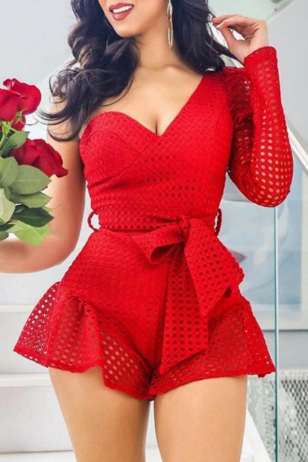 Red Sexy Casual Solid Color Backless Irregular Skinny Rompers