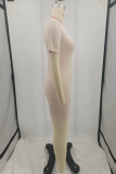 Pink Casual Letter Print Zipper O Neck Skinny Rompers