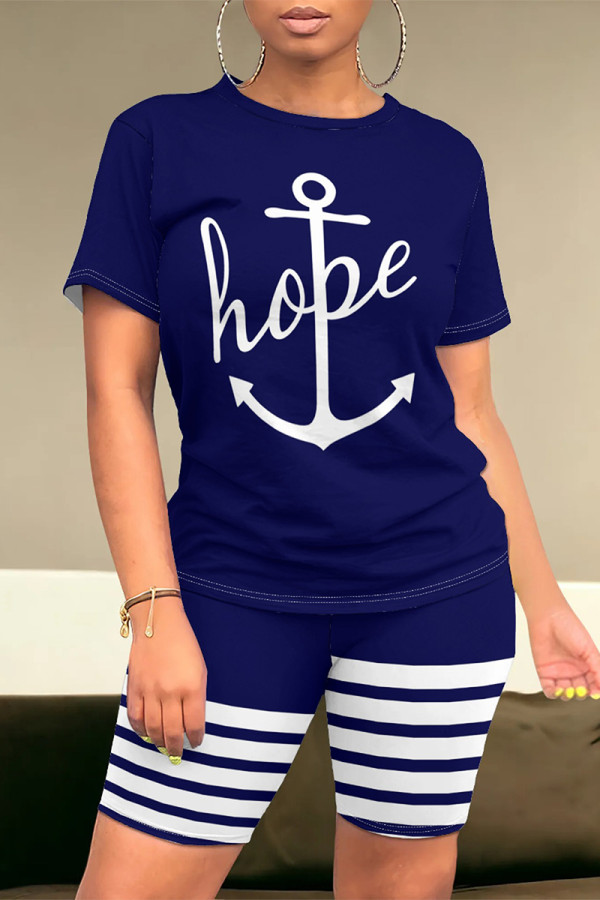 Blue Casual Daily Skull Finger Letter Print Stripe O Neck Short Sleeve Two Pieces
