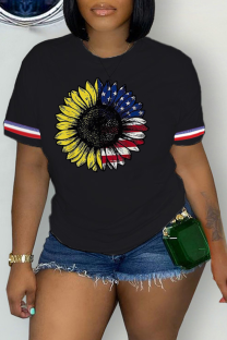 Black Casual American Flag Flowers Print O Neck T-Shirts
