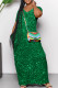 Green Casual Print Pocket Patchwork V Neck Straight Dresses(Imitation Sequins)