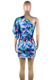 Blue Casual Print Ruched Patchwork Oblique Collar Wrapped Skirt Dresses