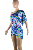 Blue Casual Print Ruched Patchwork Oblique Collar Wrapped Skirt Dresses