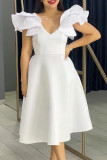 Red Celebrities Solid Color Ruffle Patchwork V Neck A Line Dresses