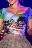 Green Casual Print Patchwork U Neck T-Shirts
