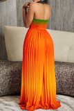 Blue Gradient Color Hollow Out Backless Pleated Patchwork Strapless Loose Jumpsuits