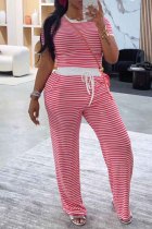 Red Casual Daily Striped Print Pocket Patchwork O Neck Short Sleeve Two Pieces