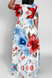 Turquoise Casual Print Patchwork O Neck Straight Dresses