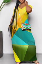 Green Yellow Casual Geometric Print Pocket Patchwork V Neck Straight Dresses
