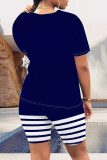 Dark Blue Casual Daily Skull Finger Letter Print Stripe O Neck Short Sleeve Two Pieces