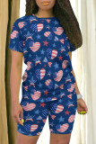 Multicolor Casual Print Patchwork O Neck Short Sleeve Two Pieces
