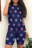 Multicolor Casual Print Patchwork O Neck Short Sleeve Two Pieces