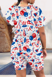 Multicolor Casual Print Patchwork O Neck Short Sleeve Two Pieces