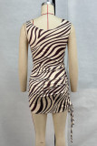 Apricot Sexy Striped Print Ruched Patchwork Oblique Collar Wrapped Skirt Dresses