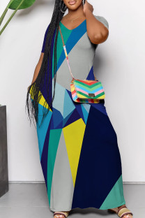 Blue Gray Casual Geometric Print Pocket Patchwork V Neck Straight Dresses