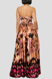Pink Celebrities Print Pocket Patchwork Strapless Strapless Dresses