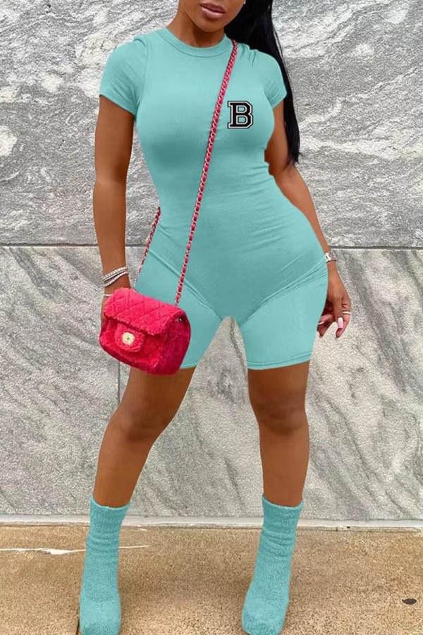 Sky Blue Casual Letter Print Zipper O Neck Skinny Rompers