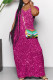 Rose Red Casual Print Pocket Patchwork V Neck Straight Dresses(Imitation Sequins)