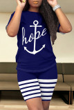 Dark Blue Casual Daily Skull Finger Letter Print Stripe O Neck Short Sleeve Two Pieces