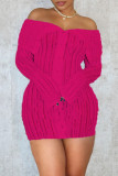 Rose Red Sexy Solid Color Buckle See-Through Patchwork Off Shoulder Wrapped Skirt Dresses