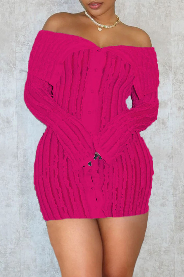 Rose Red Sexy Solid Color Buckle See-Through Patchwork Off Shoulder Wrapped Skirt Dresses