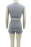 Grey Casual Solid Color Pocket Lace Up Patchwork O Neck Sleeveless Two Pieces