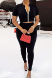 Black Casual Solid Color Zipper Patchwork Zipper Collar Short Sleeve Two Pieces