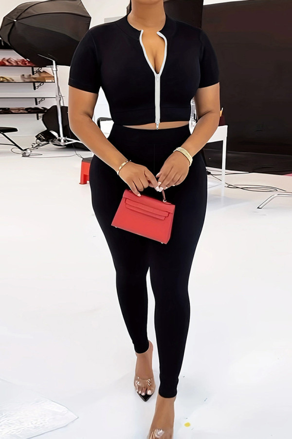 Black Casual Solid Color Zipper Patchwork Zipper Collar Short Sleeve Two Pieces