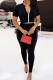 Black Casual Solid Color Zipper Patchwork Zipper Collar Short Sleeve Two Pieces