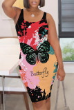Rose Red Casual Butterfly Print Flowers Gradient Color Contrast U Neck Printed Dresses