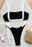 Black Sportswear Backless Patchwork Swimwears(With Paddings)