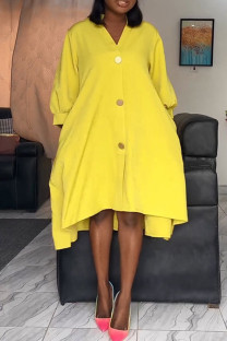 Yellow Casual Solid Color Buckle Slit Patchwork V Neck Irregular Plus Size Dresses