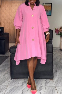 Pink Casual Solid Color Buckle Slit Patchwork V Neck Irregular Plus Size Dresses