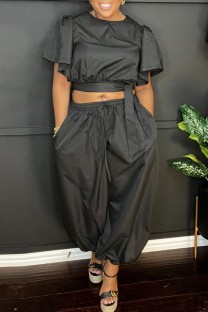 Black Casual Solid Color Lace Up O Neck Short Sleeve Two Pieces