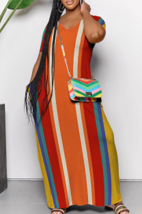 Multicolor Casual Striped Print Pocket Patchwork V Neck Straight Dresses