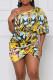 Yellow Casual Print Ruched Patchwork Oblique Collar Wrapped Skirt Dresses