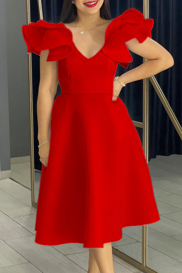 Red Celebrities Solid Color Ruffle Patchwork V Neck A Line Dresses