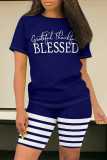 Dark Blue Casual Daily Skull Finger Letter Print Stripe O Neck Short Sleeve Two Pieces