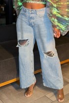 Light Blue Casual Daily Solid Color Ripped High Waist Straight Denim Jeans
