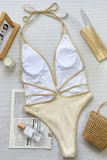 Cream White Sportswear Hollow Out Backless Strap Design Patchwork Swimwears(With Paddings)