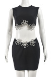 Black Celebrities Flowers Patchwork O Neck Sleeveless Two Pieces