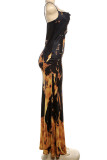 Yellow Sexy Blaze Backless Patchwork Spaghetti Strap Long Dresses