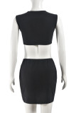 Black Celebrities Flowers Patchwork O Neck Sleeveless Two Pieces