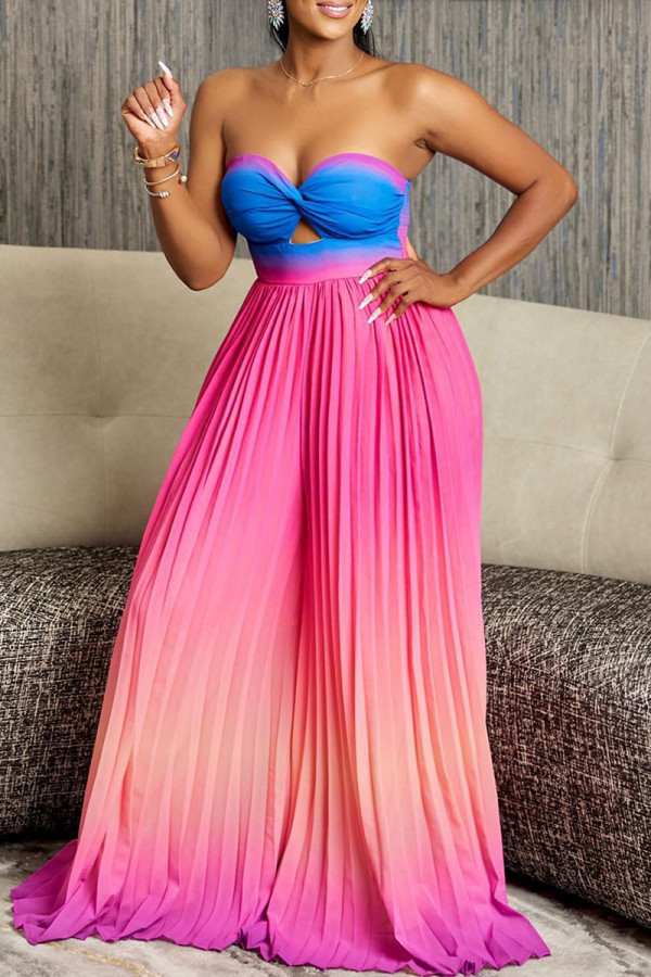 Blue Gradient Color Hollow Out Backless Pleated Patchwork Strapless Loose Jumpsuits