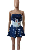 Sky Blue Sexy Tie Dye Backless Patchwork Ruffle Irregular Hem Strapless Sleeveless Regular Denim Dresses