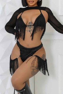 Black Sexy Solid Color Fringed Trim Lace Up Backless Halter Long Sleeve Three Piece Set