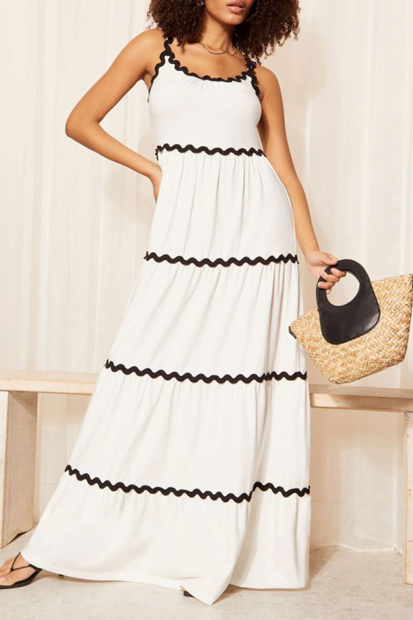 White Celebrities Backless Patchwork Contrast Spaghetti Strap Sling Dresses