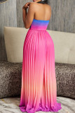 Blue Gradient Color Hollow Out Backless Pleated Patchwork Strapless Loose Jumpsuits