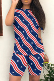 Multicolor Casual Print Patchwork O Neck Short Sleeve Two Pieces